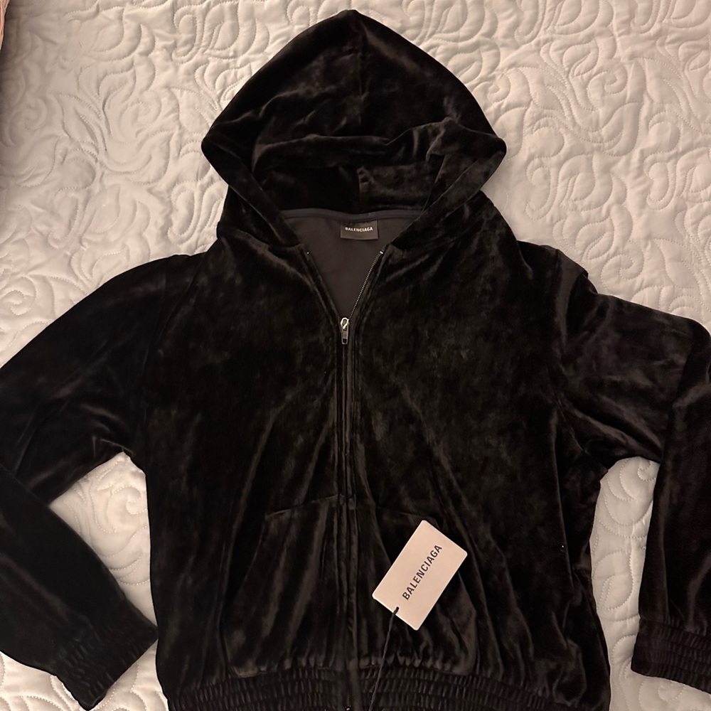 SOLD!!!!!!!! 
Balenciaga Velour Rhinestone Logo Zip-Up Hoodie